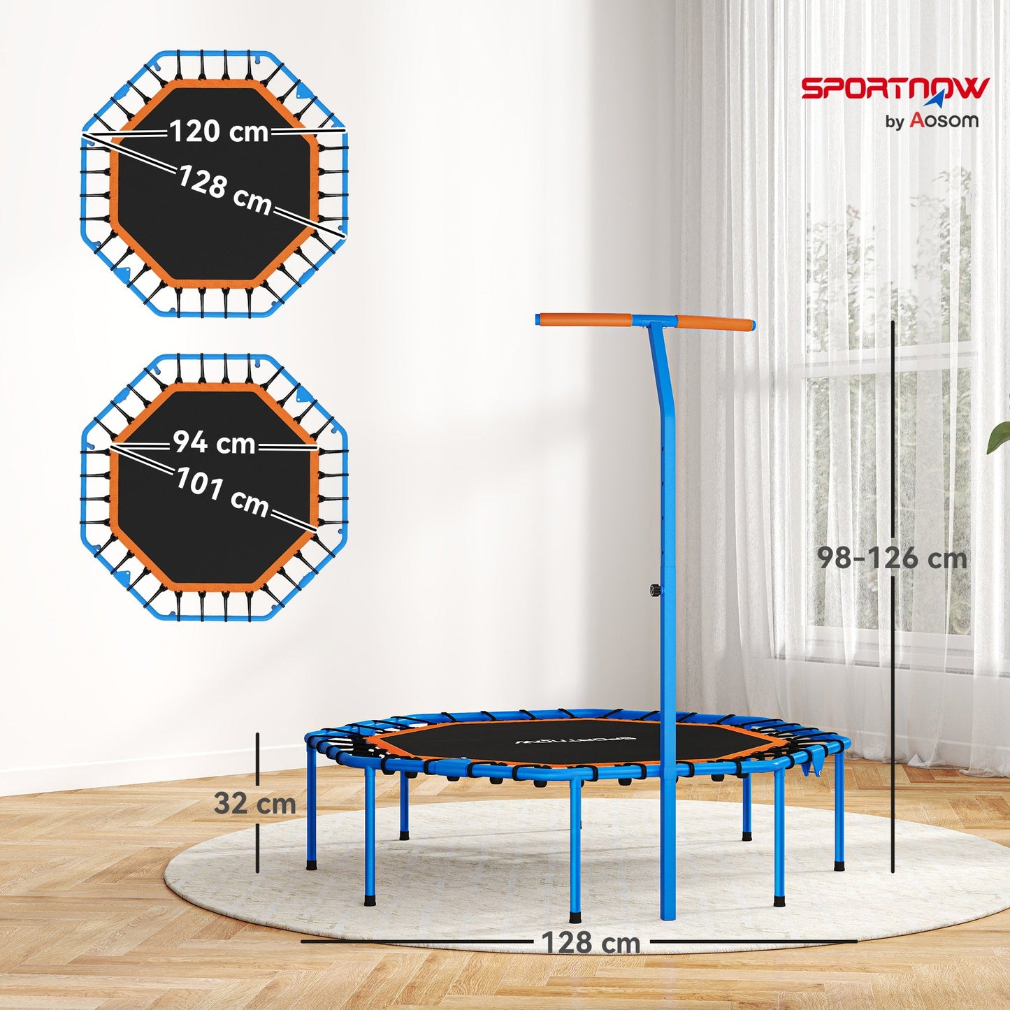 SPORTNOW Fitness-Trampolin, Trainingstrampolin mit verstellbarem Haltegriff, stabil und leise, für drinnenf, Stahl, Blau