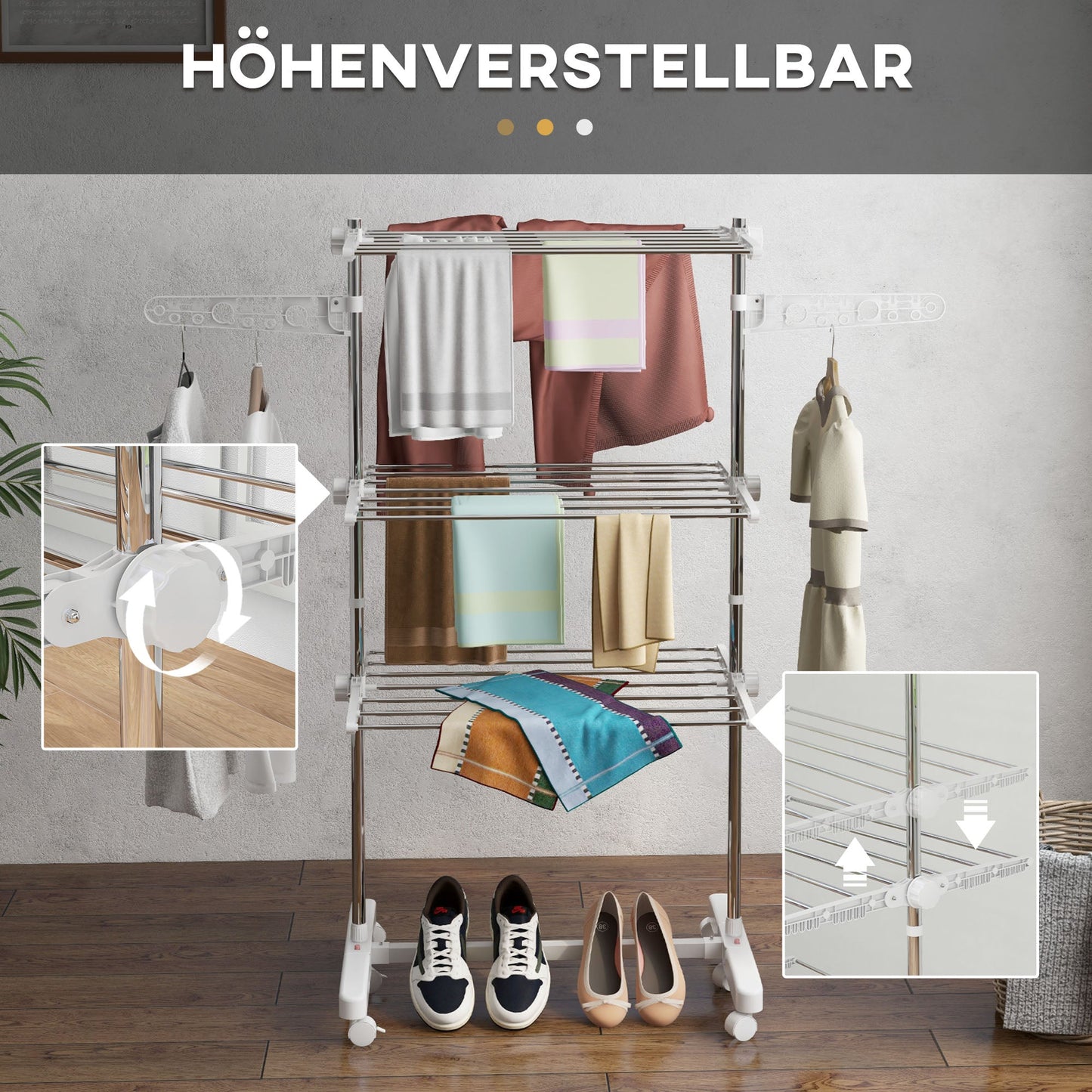 HOMCOM Mobiler Wäscheständer, Wäschetrockner, 3 Ebenen, klappbar, Silber + Weiß