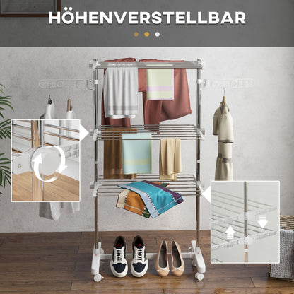 HOMCOM Mobiler Wäscheständer, Wäschetrockner, 3 Ebenen, klappbar, Silber + Weiß