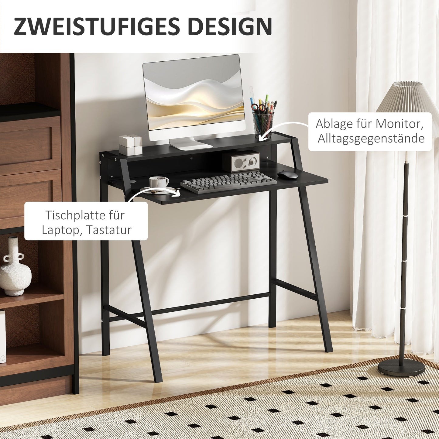 HOMCOM Schreibtisch, Computertisch mit Ablage und Kabel Management, moderner Schreibtisch mit Metallgestell für Arbeitszimmer, Schlafzimmer, Home Office, 84 x 45 x 85 cm, Schwarz