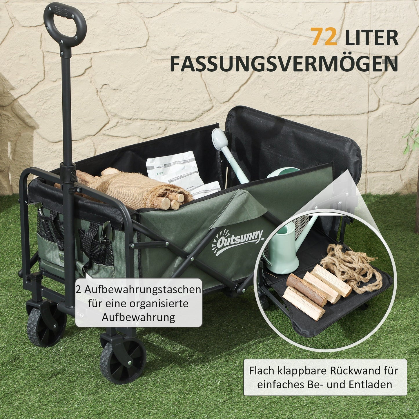 Outsunny Gartenwagen 90 kg belastbar, klappbar Transportwagen mit herausnehmbare Plane, Griff, Rädern 72 Liter Grün
